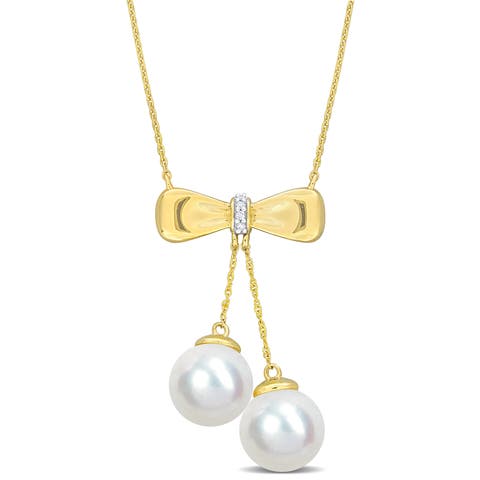 Cultured Pearl & Diamond Bow Necklace 10k