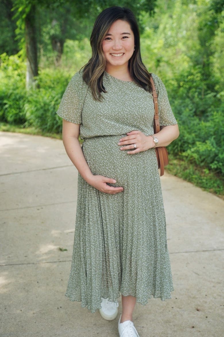 Leaf Print Pleated Midi Dress, Alternate, color, Light Olive