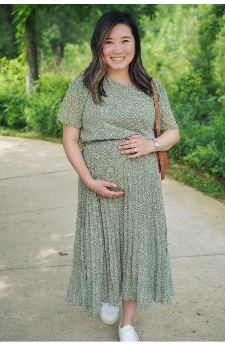 PinkBlush Leaf Print Pleated Midi Dress, Alternate, color, Light Olive