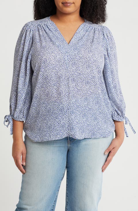 Dot V-Neck Long Sleeve Top (Plus)