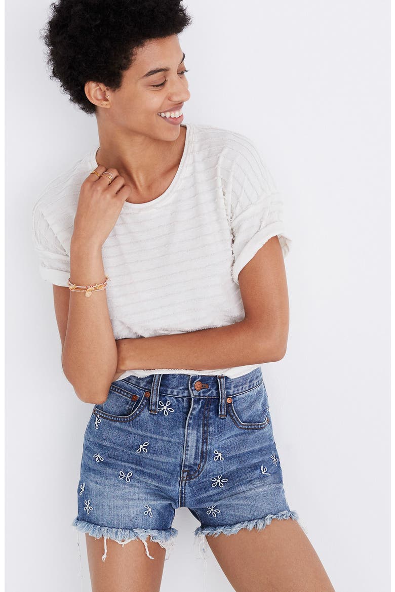 Perfect Daisy Embroidered High Waist Denim Shorts, Alternate, color, ABERDEEN WASH