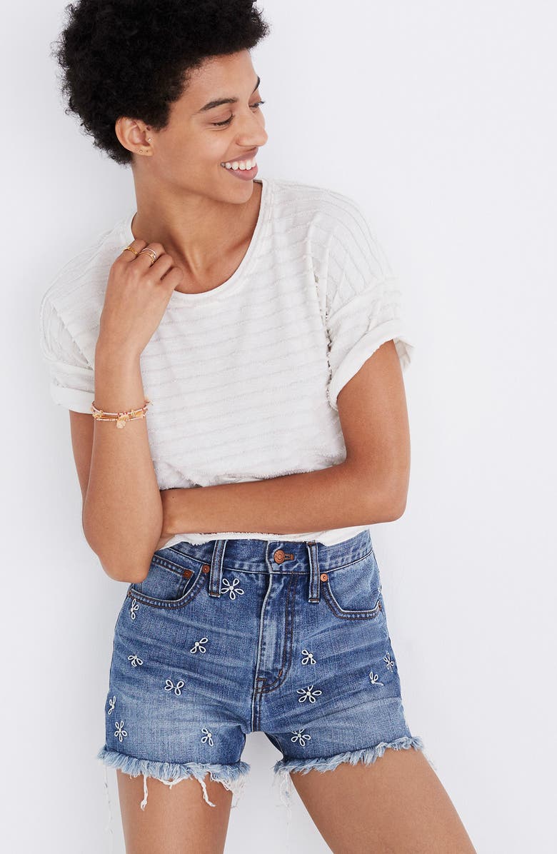 Madewell Perfect Daisy Embroidered High Waist Denim Shorts, Alternate, color, 