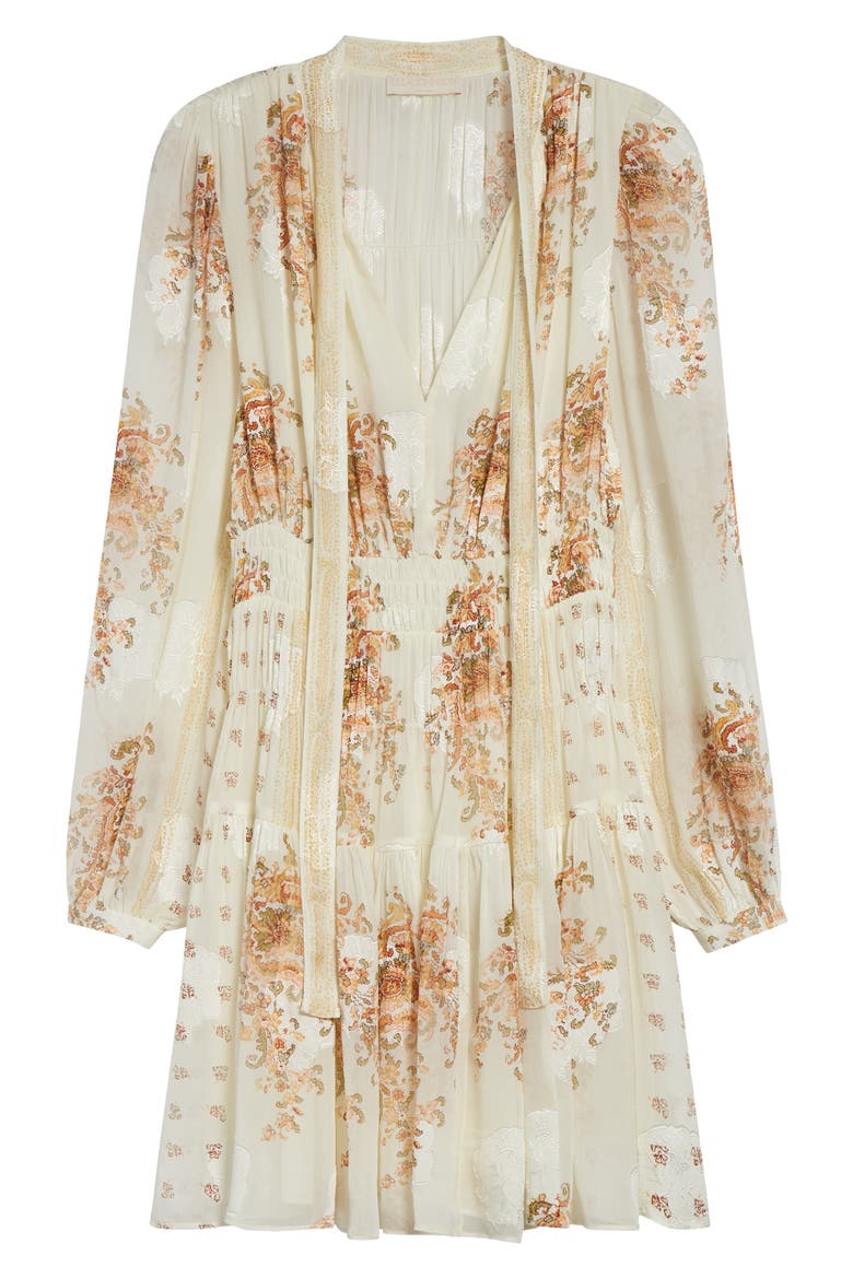 Maris Mixed Print Long Sleeve Silk A-Line Dress, Alternate, color, ALABASTER