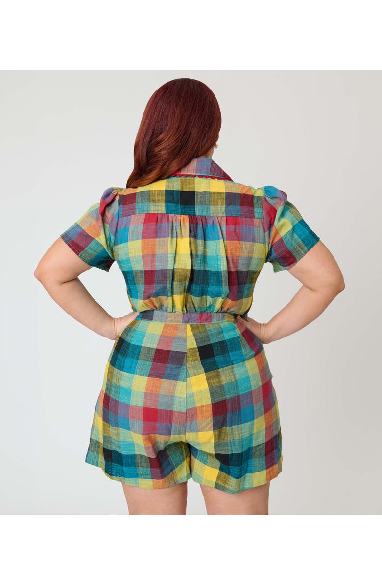 Unique Vintage Plus Size Button Front Romper, Alternate, color, Madras Plaid Print