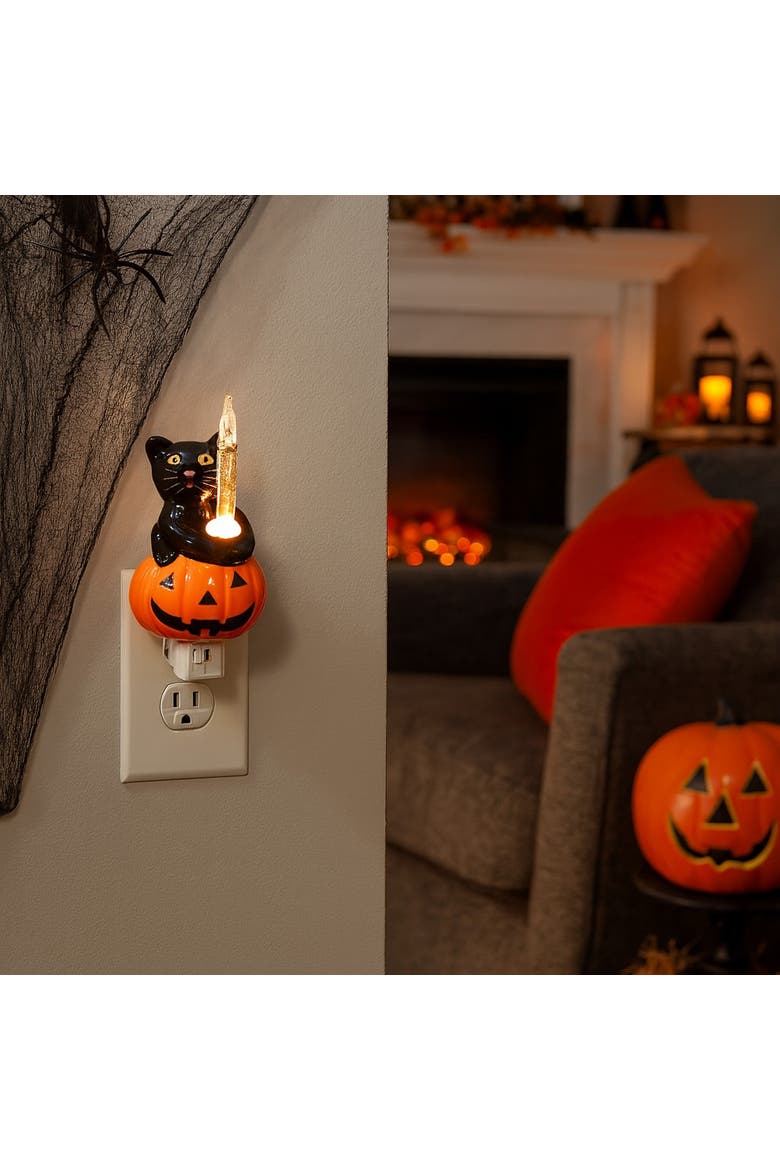 Halloween Black Cat Sitting on Pumpkin Bubble Nightlight, Alternate, color, Orange