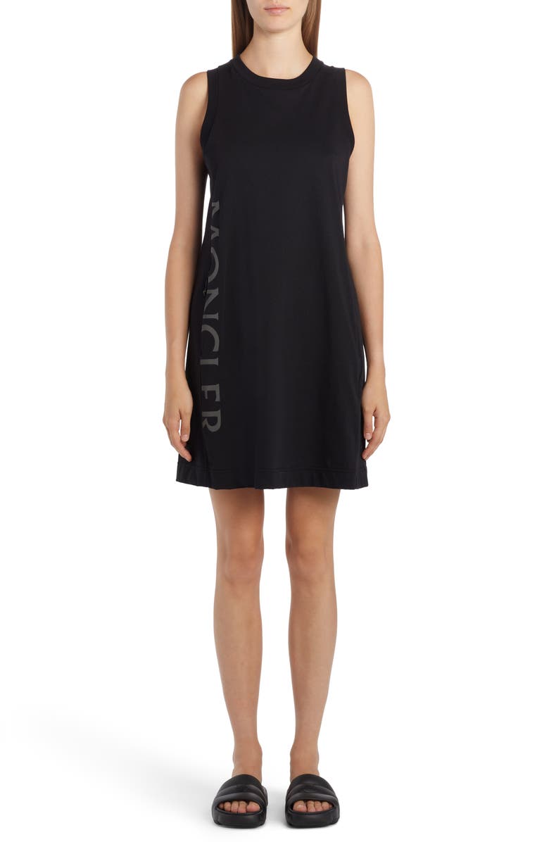 Moncler Logo Sleeveless Mixed Media Shift Dress, Main, color, 