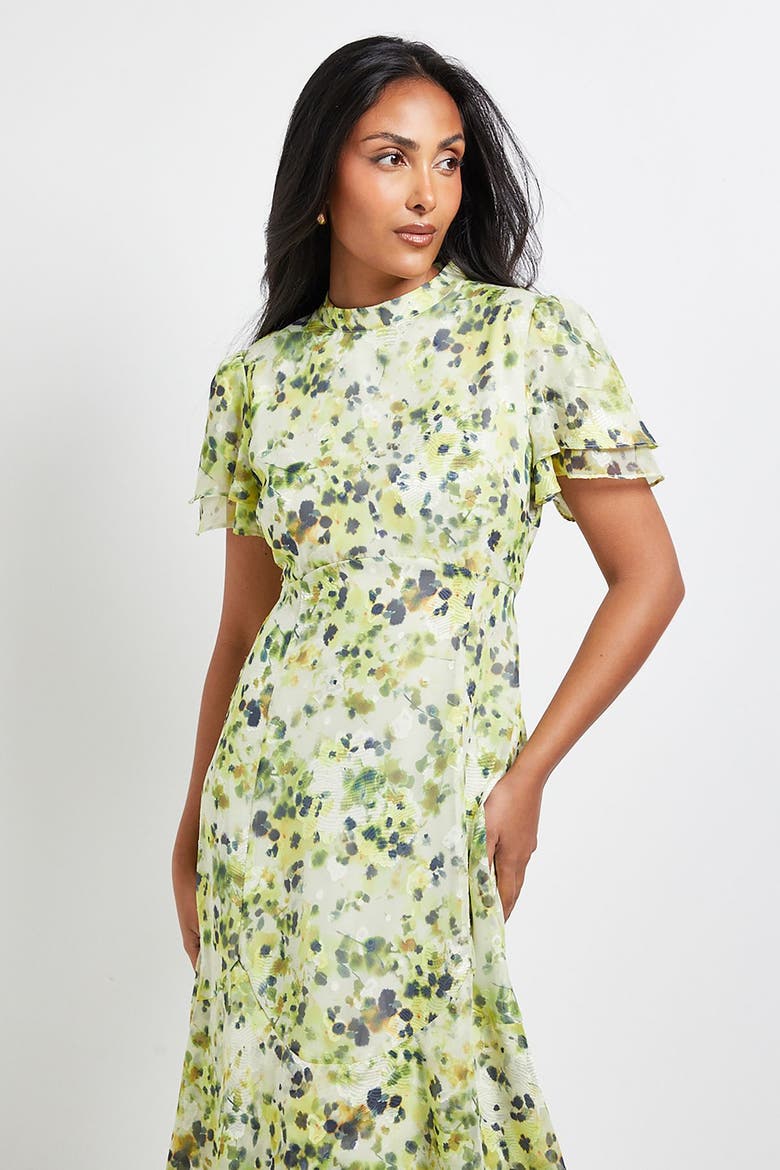 Petite Floral Burn Out Ruffle Midi Dress, Alternate, color, Yellow