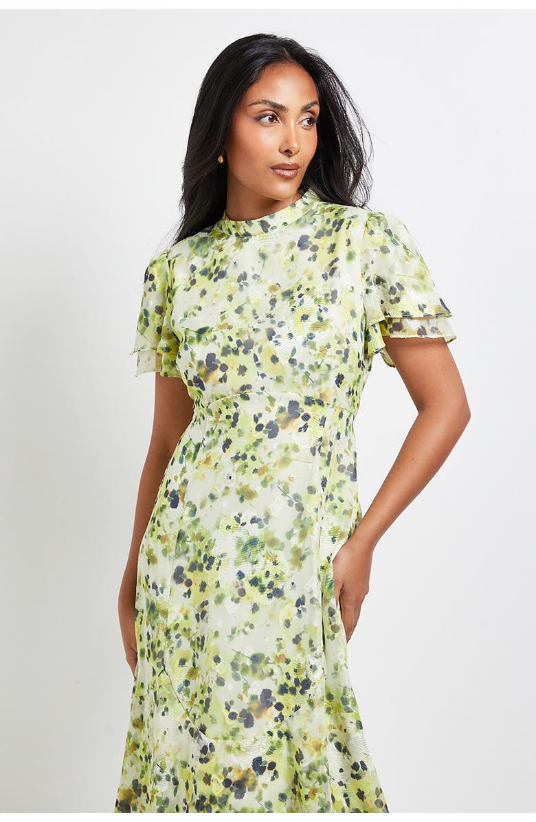 Wallis Petite Floral Burn Out Ruffle Midi Dress, Alternate, color, Yellow