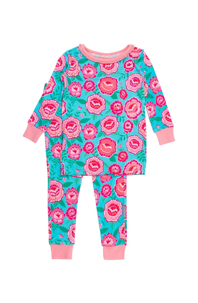 RuffleButts SoftSnooze Ruffle Long Sleeve Pajama Set, Signature Rear Ruffles, Alternate, color, Bright Blossoms