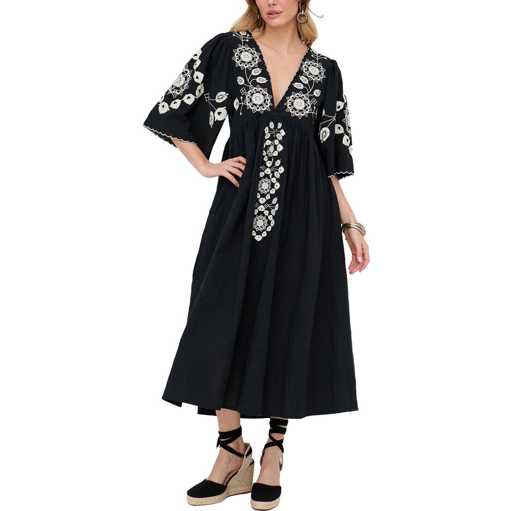 Raffya Arianna V-Neck Embroidered Maxi Dress in Black at Nordstrom, Size 10