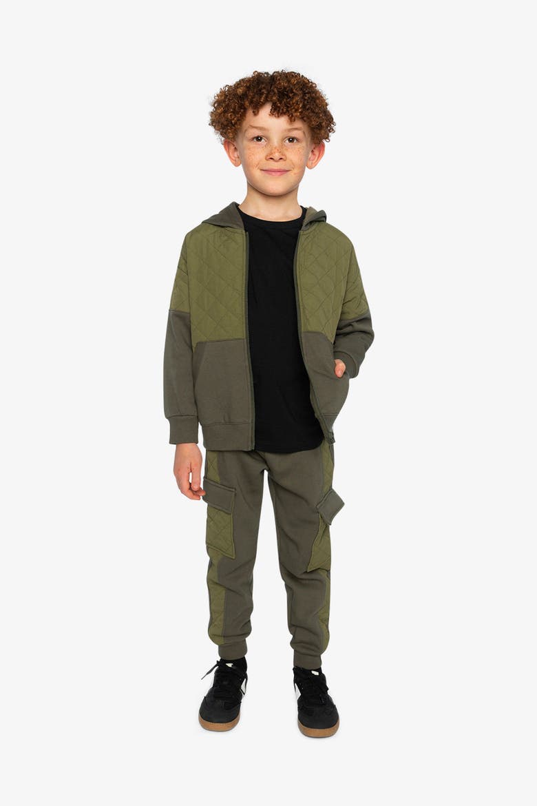 Full Zip Hooded Bi-Material Quilted Panel Cardigan, Alternate, color, Green
