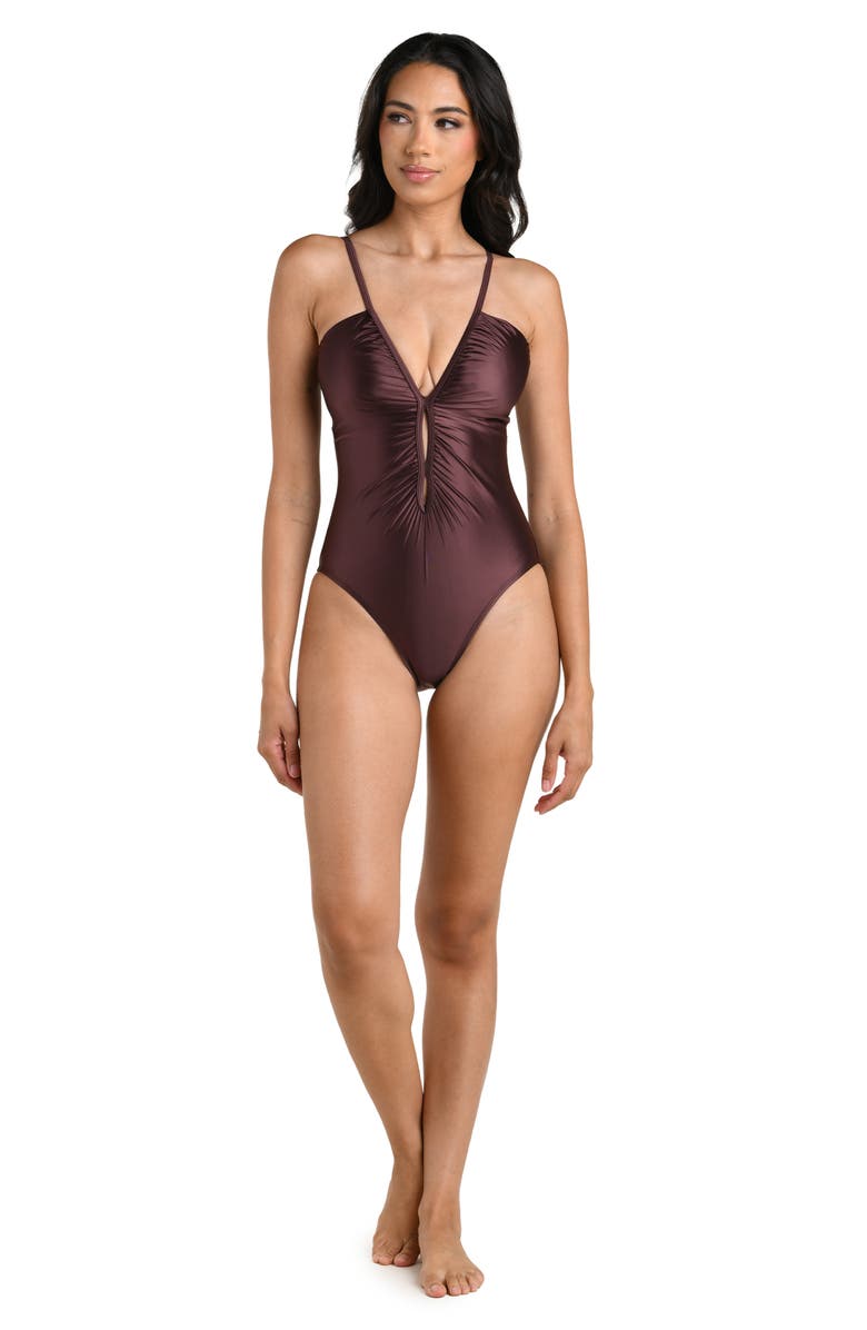 La Blanca Earth Lace-Up One-Piece Swimsuit, Alternate, color, Truffle