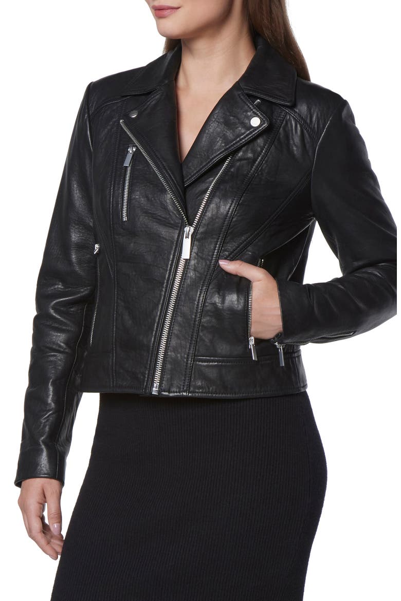 Carnegie French Bubble Lambskin Moto Jacket, Alternate, color, BLACK