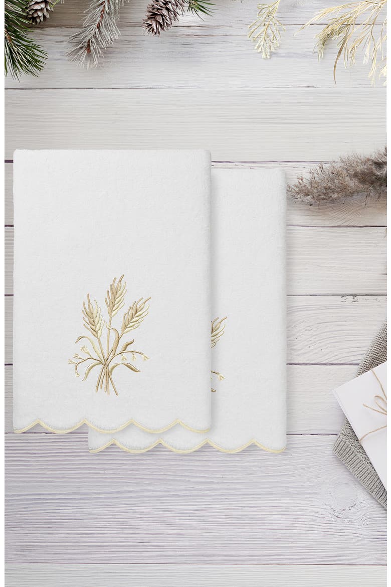 Whitney Scallop Set of 2 Embroidered Bath Towels, Alternate, color, WHITE/ BEIGE