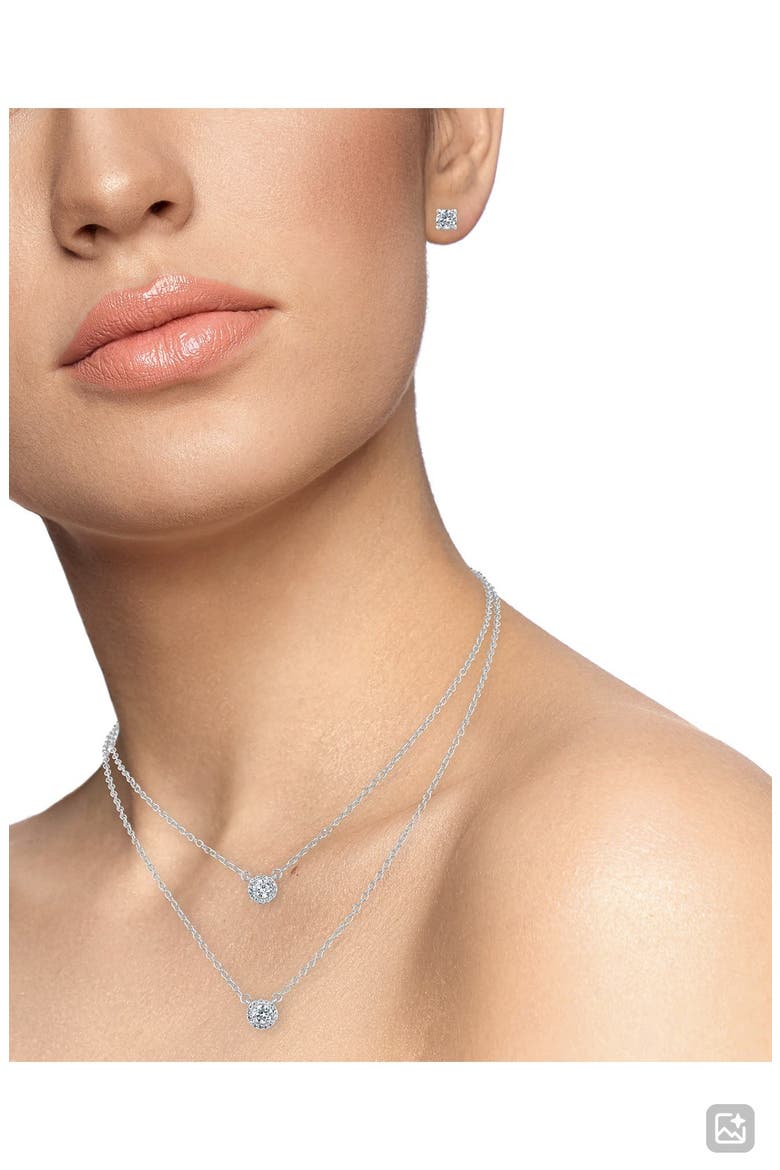 Round Cubic Zirconia Solitaire Multistrand Pendant Necklace & Stud Earrings Set, Alternate, color, RHODIUM PLATED BRASS