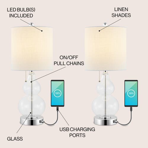 Jonathan Y Cora 22" Classic Vintage Glass Led Table Lamp With Usb Charging Port In Chrome/clear
