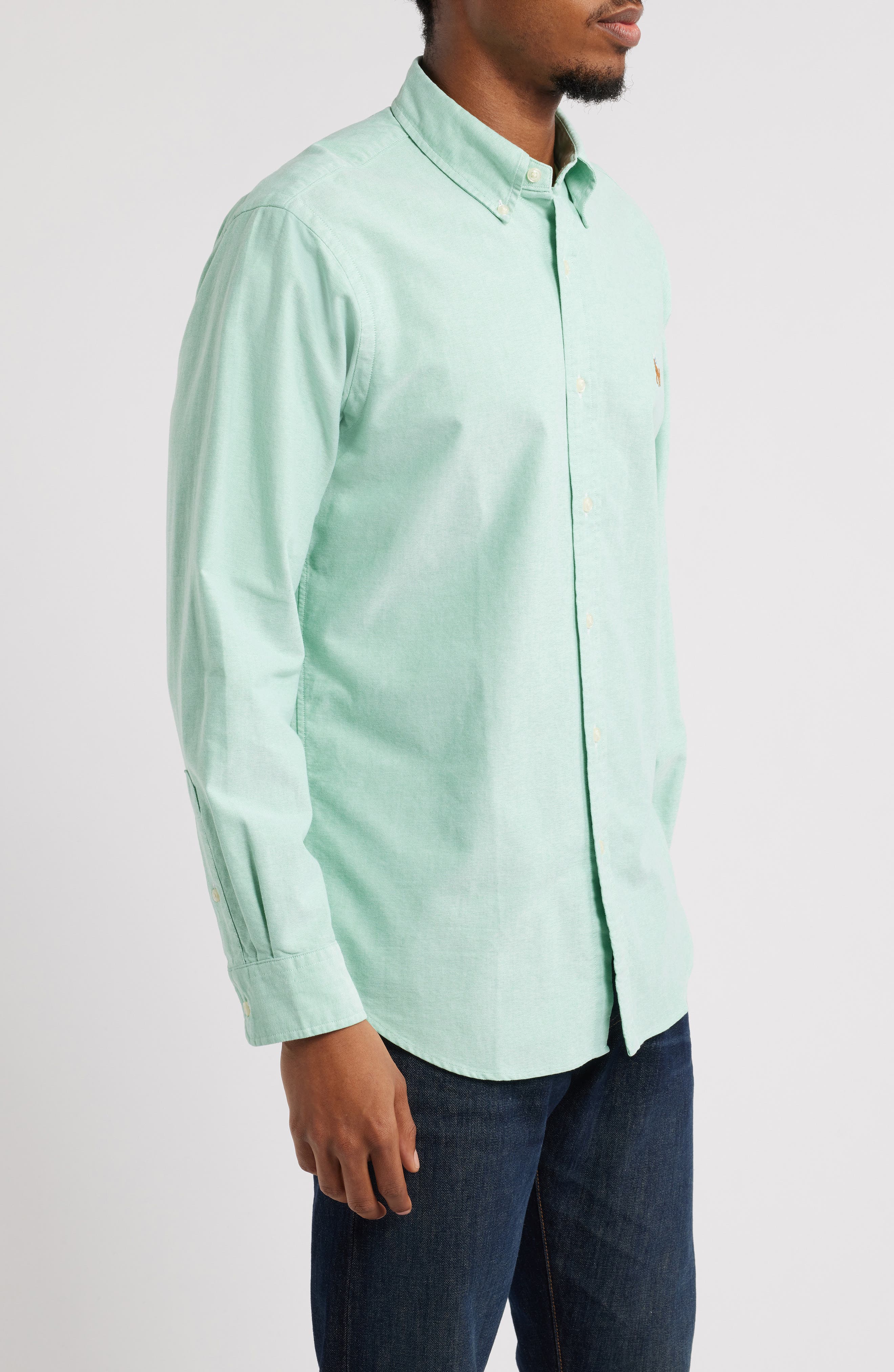 ralph lauren green dress shirt Polo Ralph Lauren icon logo slim fit garment dyed oxford shirt in dark green