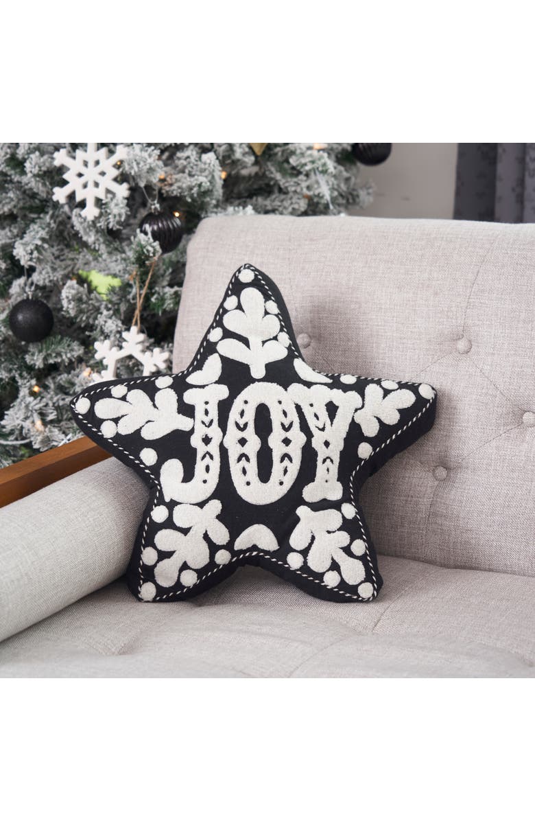 carol & frank Onyx "Joy" Snowflakes Star Shaped Cotton Blend Christmas Accent Throw Pillow 16" x 18", Alternate, color, Black