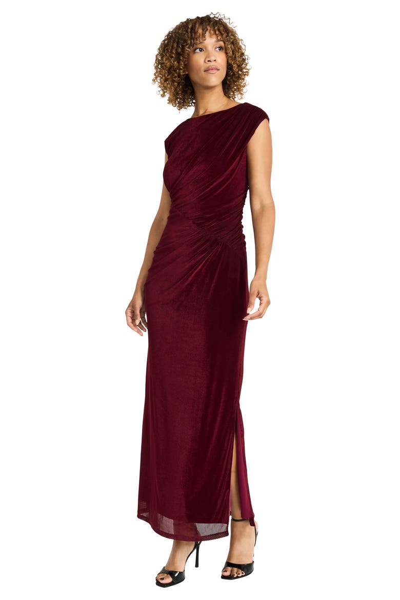 Shirred Velvet Gown, Alternate, color, WINE RED