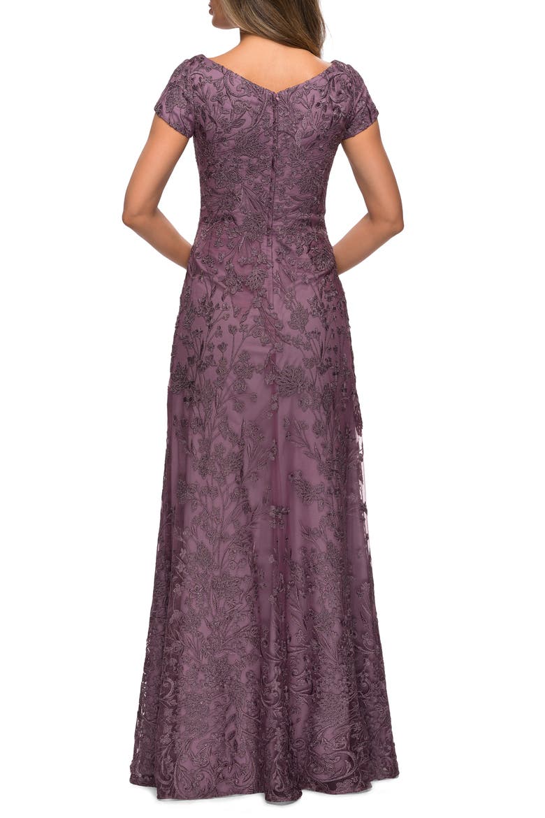 Lace Evening Gown with Cap Sleeves and V-Neck, Alternate, color, Dusty Lilac