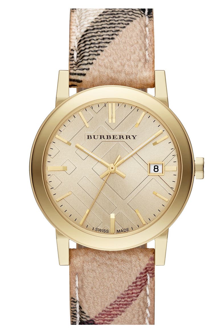 Large Check Strap Watch, 38mm, Main, color, HAYMARKET CHECK/ GOLD