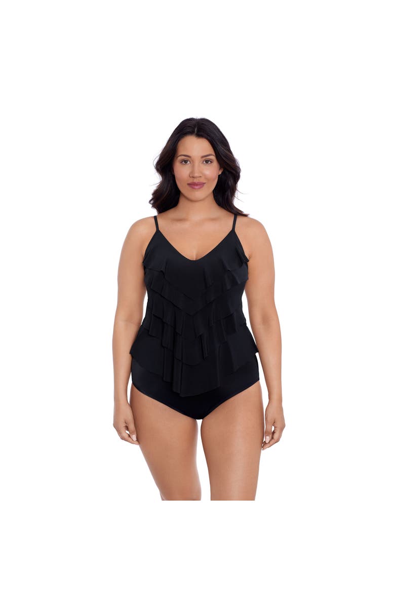 Trimshaper Rachel 5 Tier Ruffle Tankini Swimsuit Top, Main, color, Black