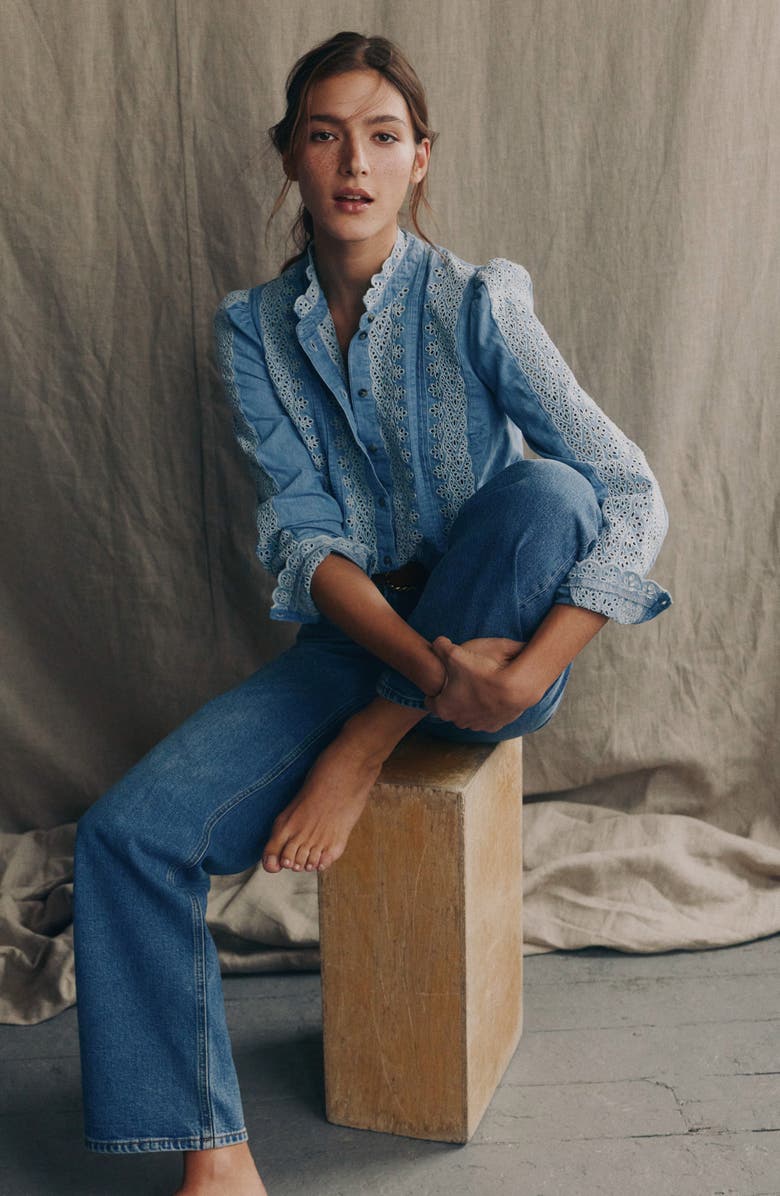 Boden Embroidered Denim Button-Up Blouse, Alternate, color, Chambray