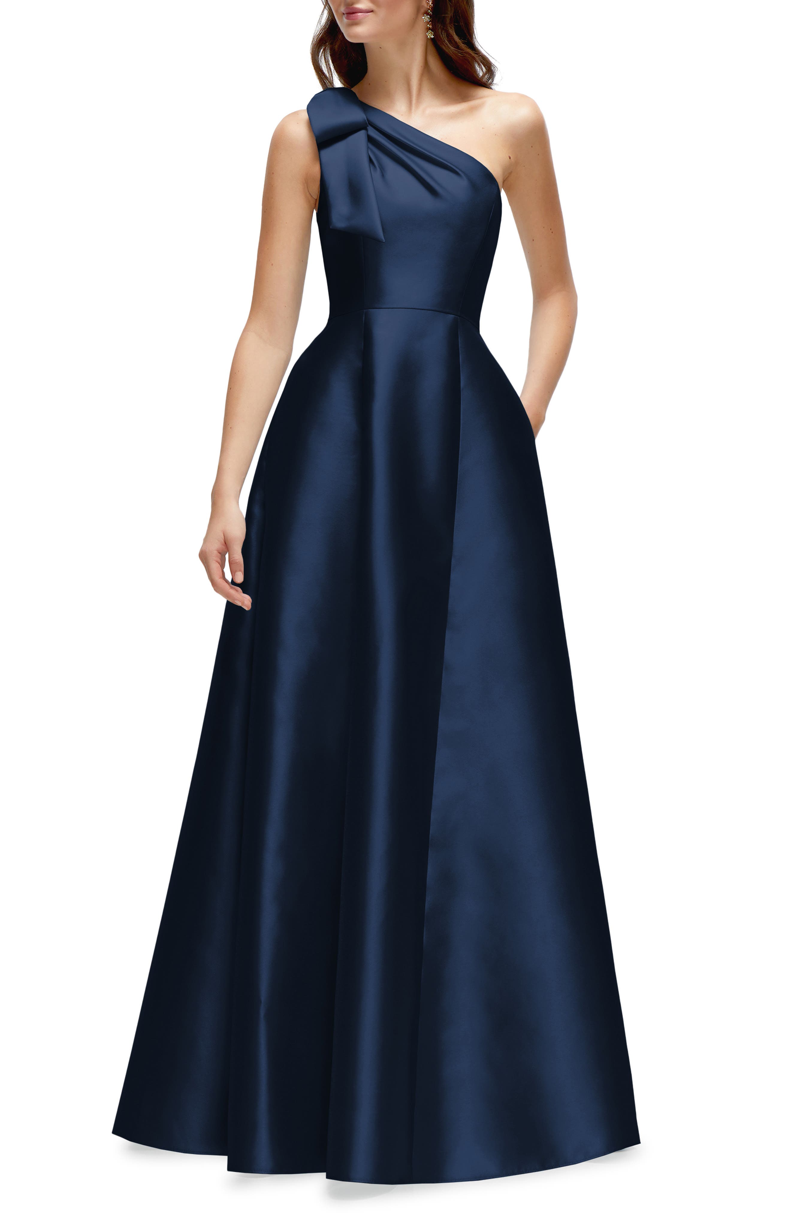 Alfred Sung One-Shoulder A-Line Gown in Midnight 