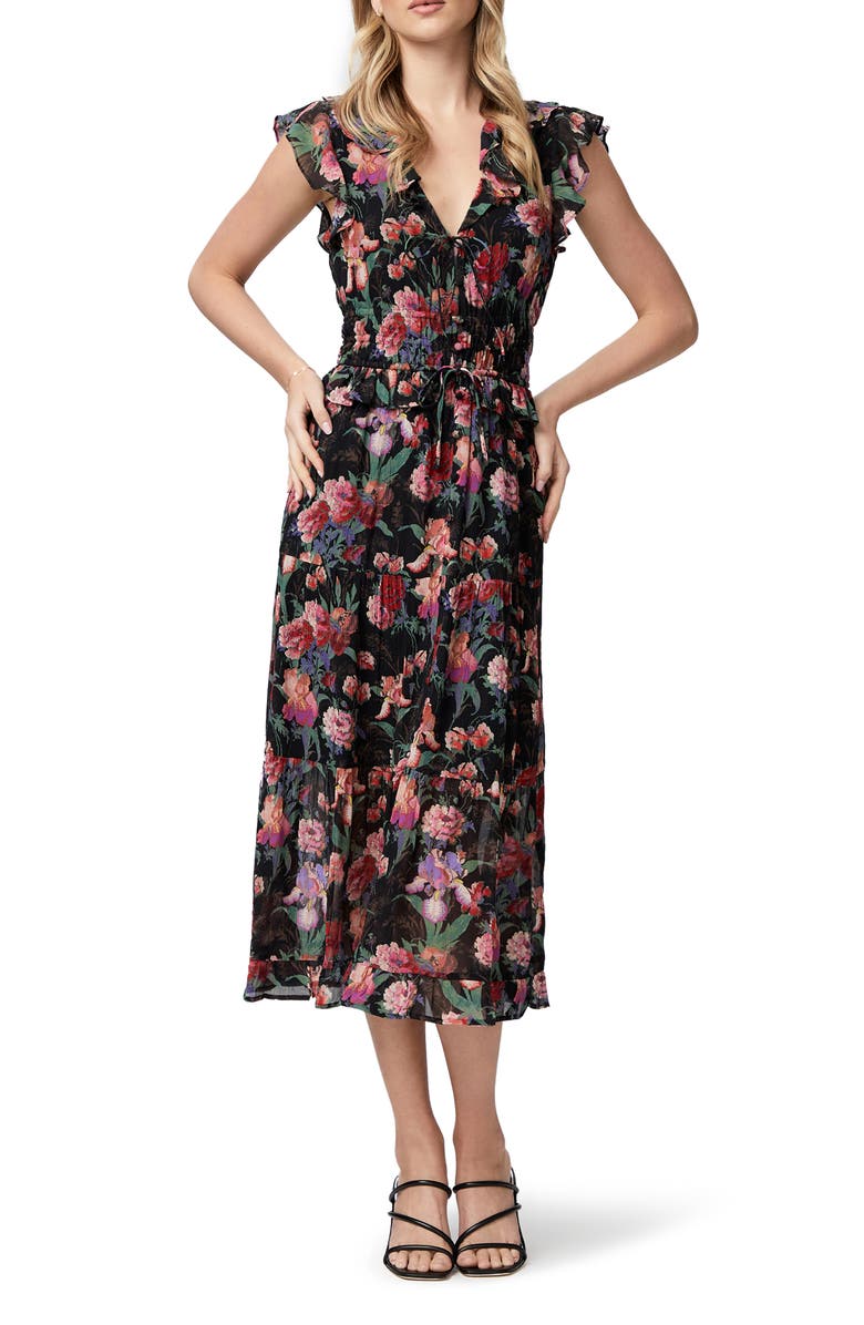 PAIGE Paradis Ruffle Silk Midi Dress, Main, color, 