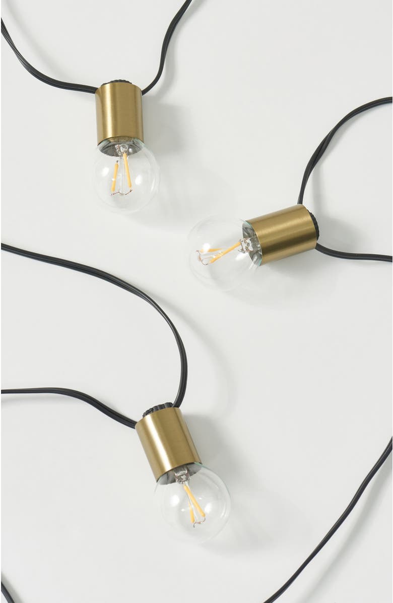 Brightech 27 ft, 12 Light Plug In Heavy Duty Weatherproof LED Outdoor String Lights, Gold Accent Brass Socket and Round Bulbs, Main, color, 27 Ft 12 Bulbs | Soft White