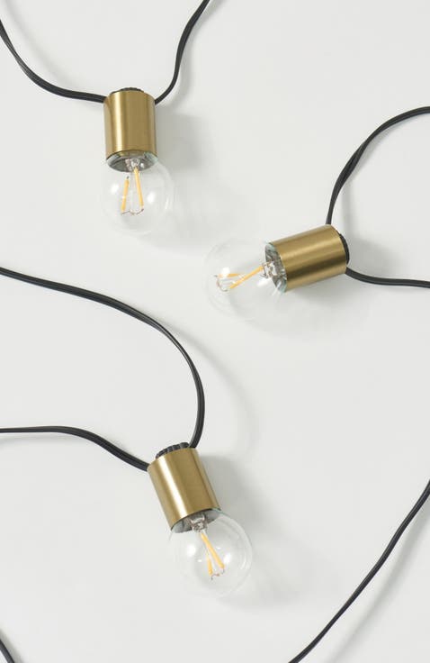 27 ft, 12 Light Plug In Heavy Duty Weatherproof LED Outdoor String Lights, Gold Accent Brass Socket and Round Bulbs