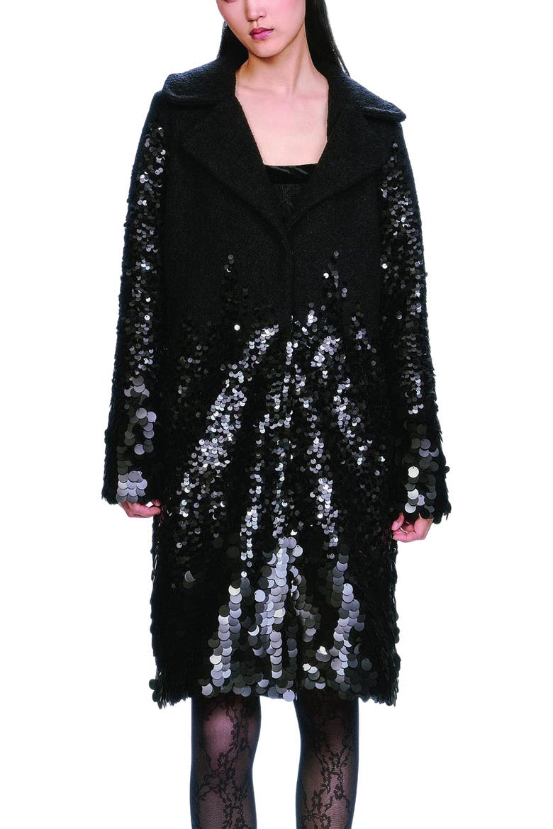 Pailettes Wool Coat, Alternate, color, Black
