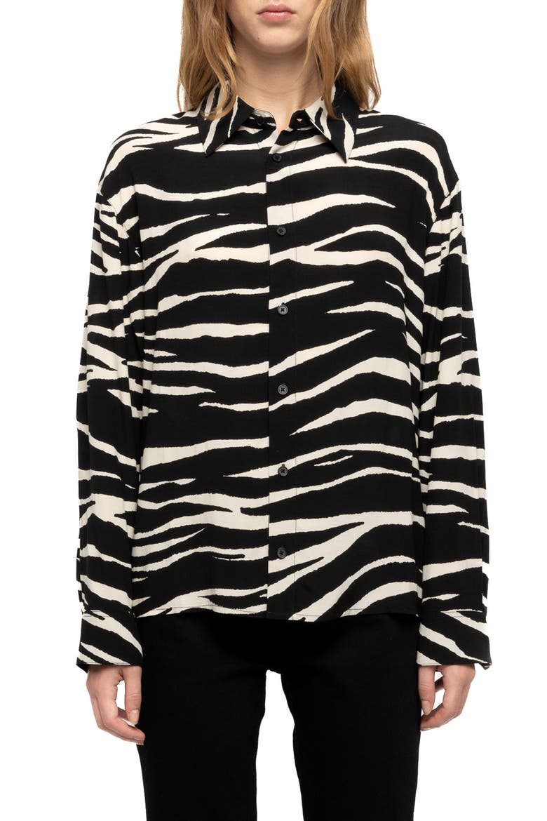 Tyrica Zebra Print Long Sleeve Shirt, Main, color, BLACK