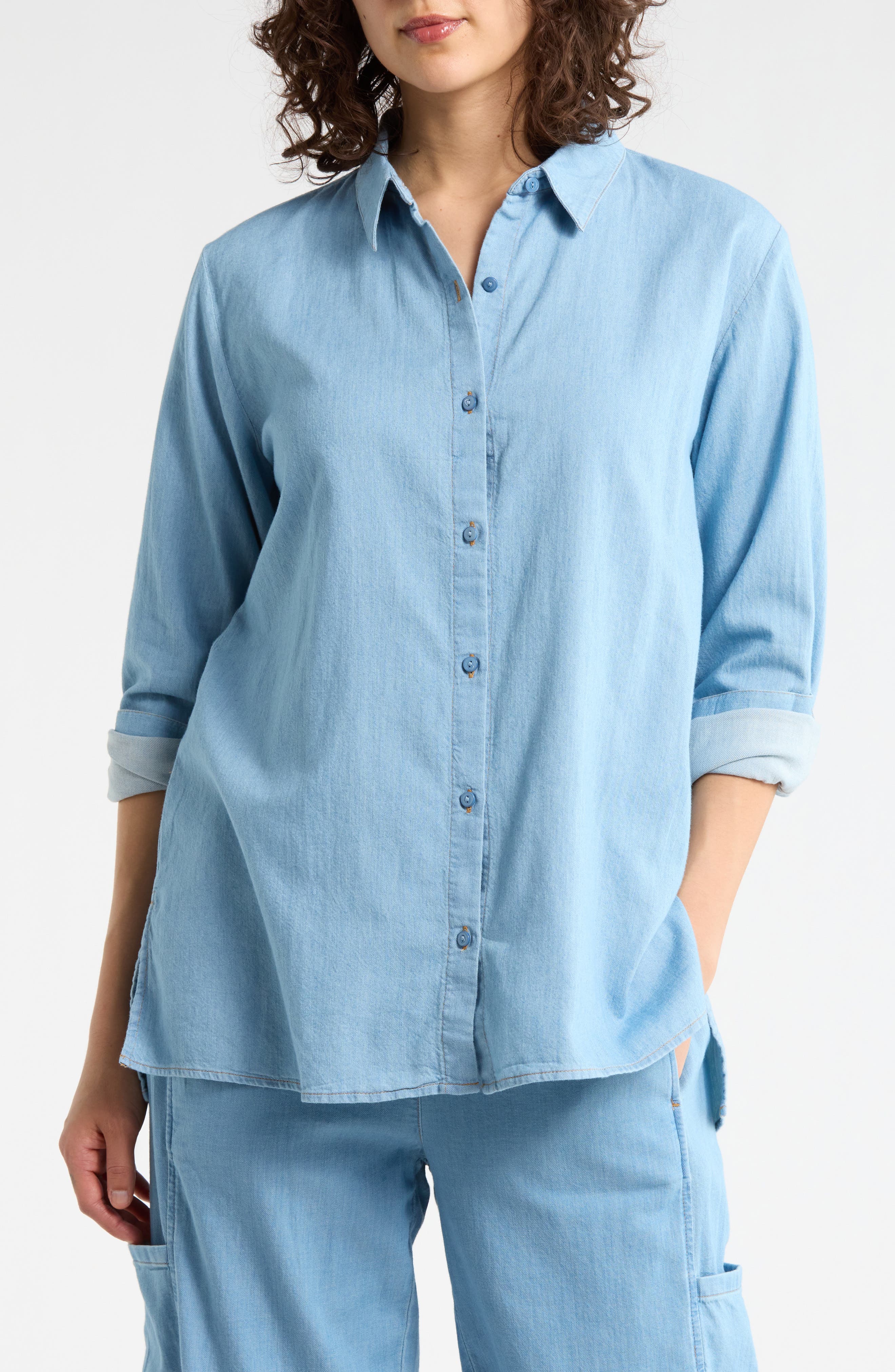Eileen Fisher Classic Long Sleeve Organic Cotton Chambray Button-Up Shirt