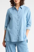 Eileen Fisher Classic Long Sleeve Organic Cotton Chambray Button-Up Shirt