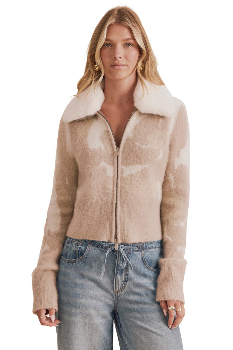 Lola Faux Fur Collar Cardigan, Alternate, color, BEIGE/ MULTI
