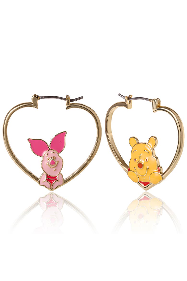 Winnie The Pooh And Piglet Mismatched Heart Hoop Earrings, Alternate, color, Gold