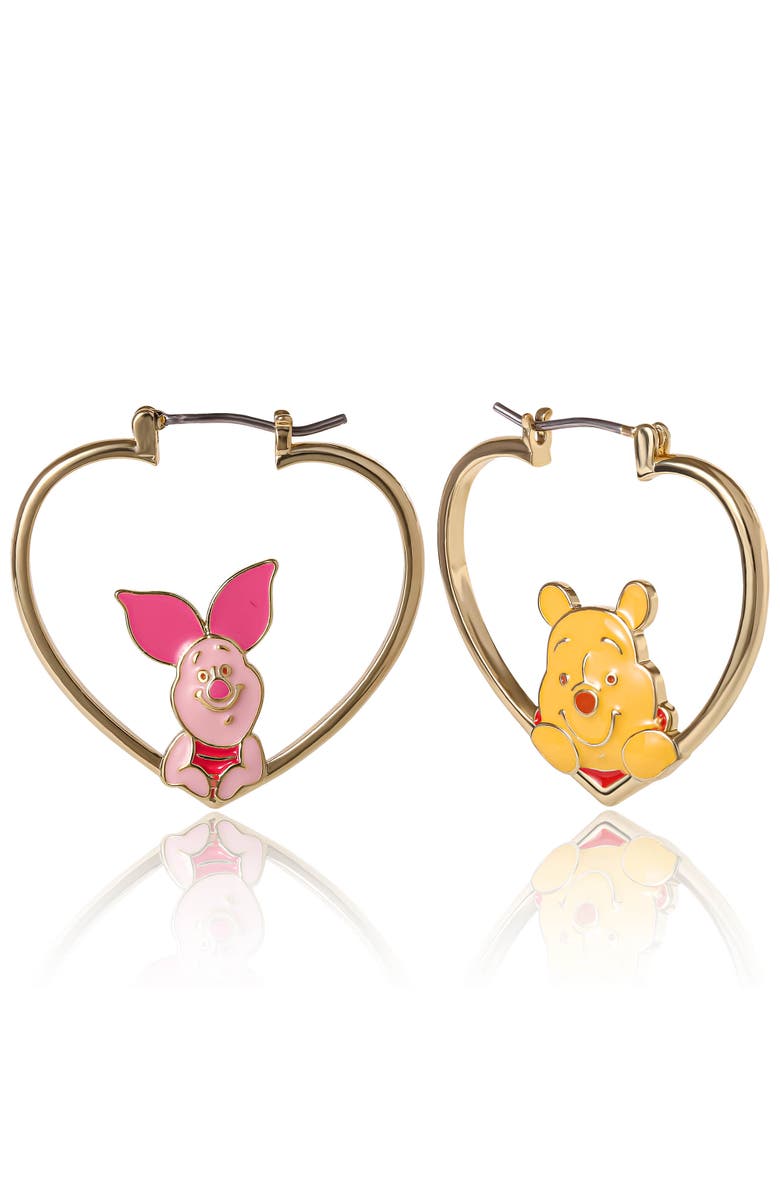 Disney Winnie The Pooh And Piglet Mismatched Heart Hoop Earrings, Alternate, color, Gold