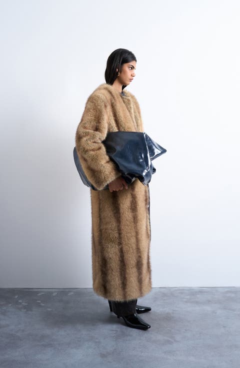 Collarless Faux Fur Long Coat