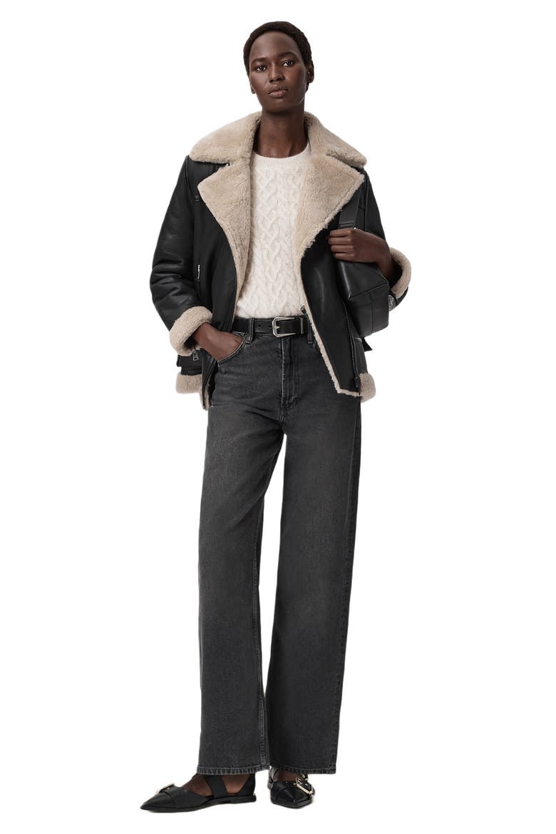Sola Oversize Genuine Shearling Biker Jacket, Alternate, color, BLACK/ NATURAL
