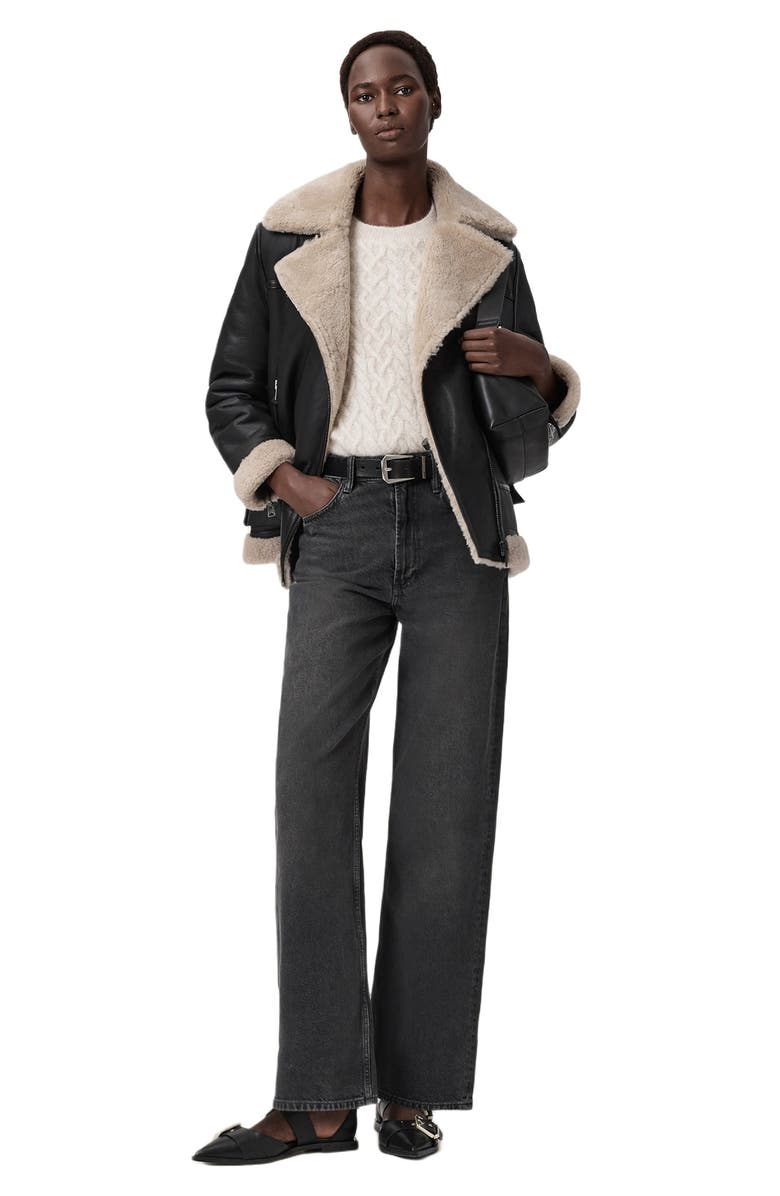 AllSaints Sola Oversize Genuine Shearling Biker Jacket, Alternate, color, Black/ Natural