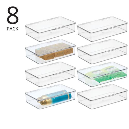 Mdesign Plastic Bath Stacking Storage Organizer Box, Hinged Lid, 8 Pack In Transparent