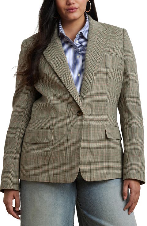 Glen Plaid Cotton Blend Twill Blazer (Plus)