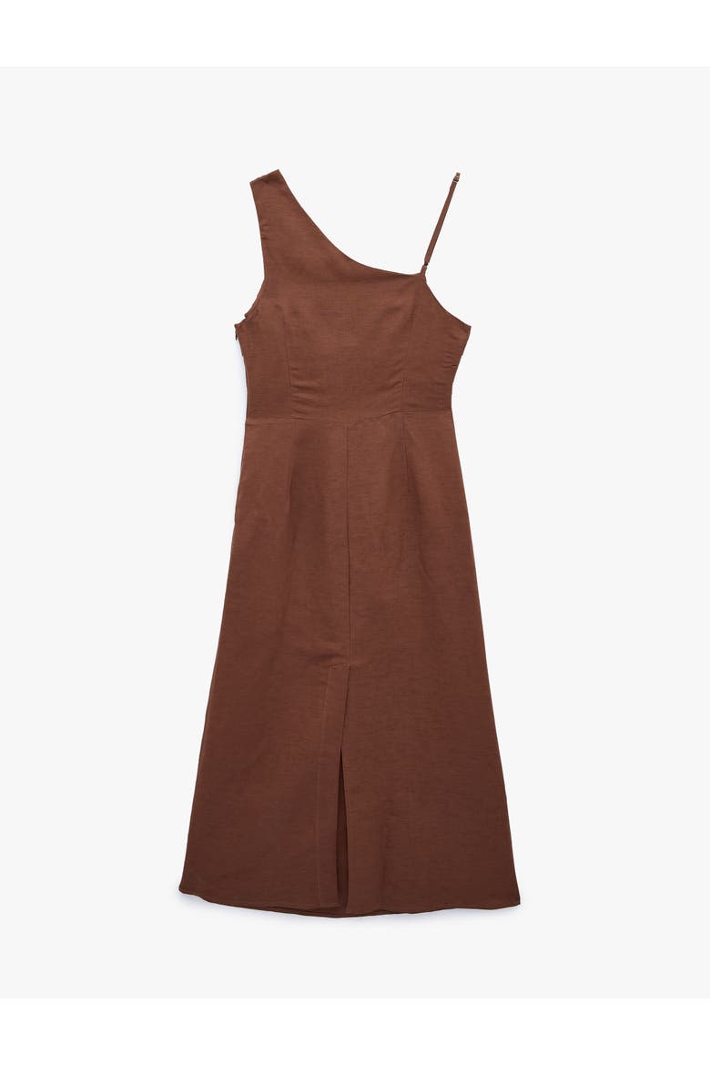 Linen Blend Asymmetric Pleated One-Shoulder Midi Dress, Alternate, color, BROWN