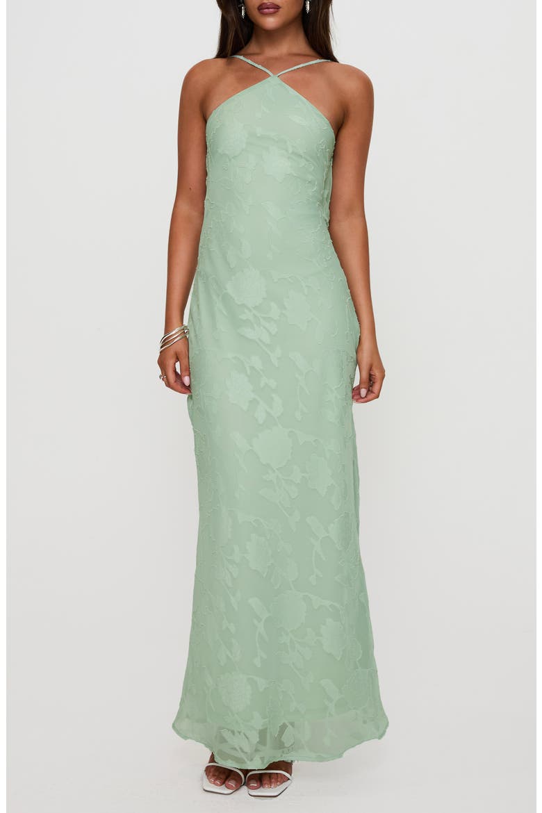 Zoelle Floral Jacquard Strappy Back Gown, Main, color, SAGE