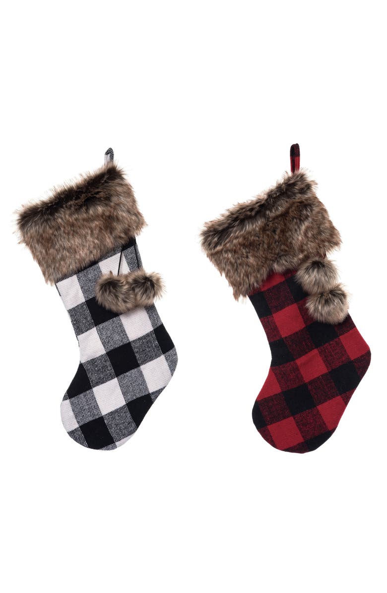Transpac Check and Faux Fur Stocking Set of Two Christmas Decor, Main, color,