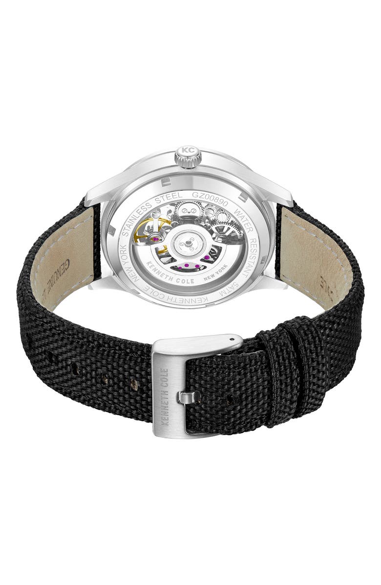 Kenneth Cole New York The Thompson Skeleton Automatic Nylon Strap Watch, 43.5mm, Alternate, color, Black