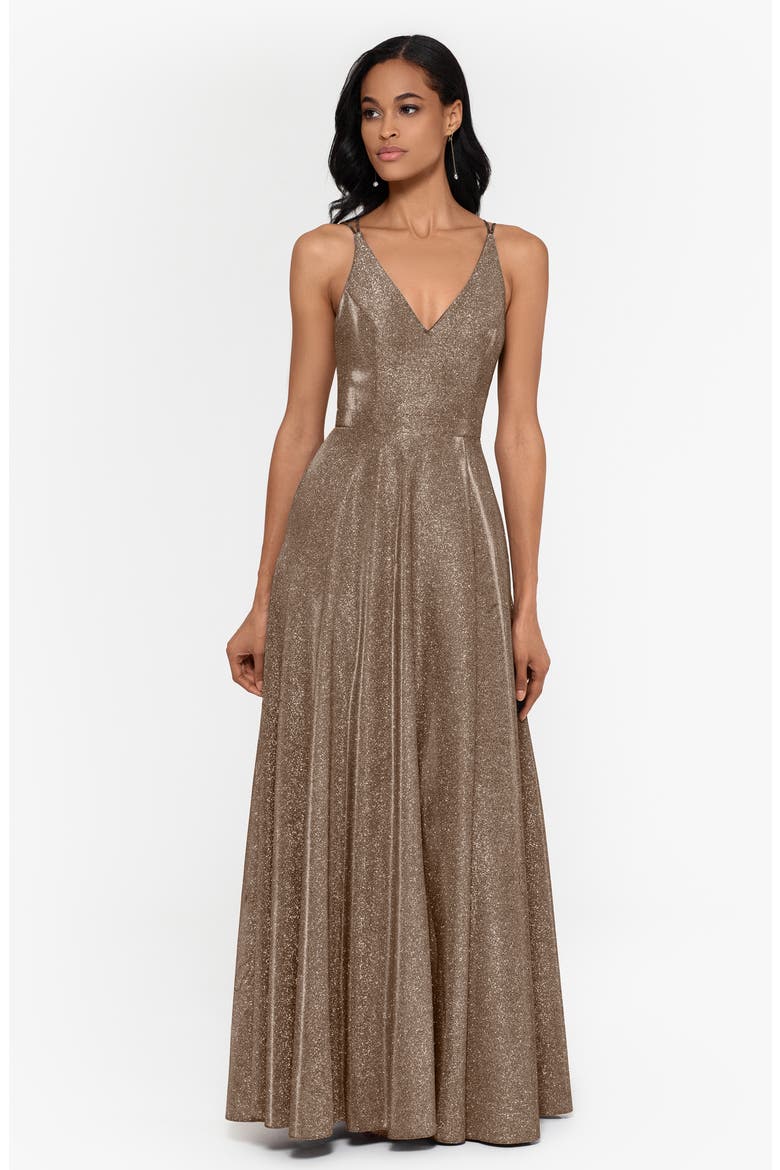 Xscape Glitter Slit A-Line Gown, Alternate, color, BLACK/ GOLD
