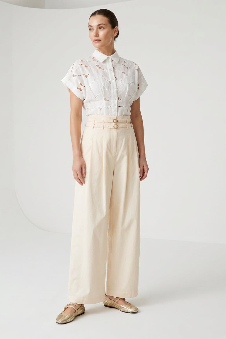 Mckenna Belted High Waisted Pleated Pants, Alternate, color, Ecru