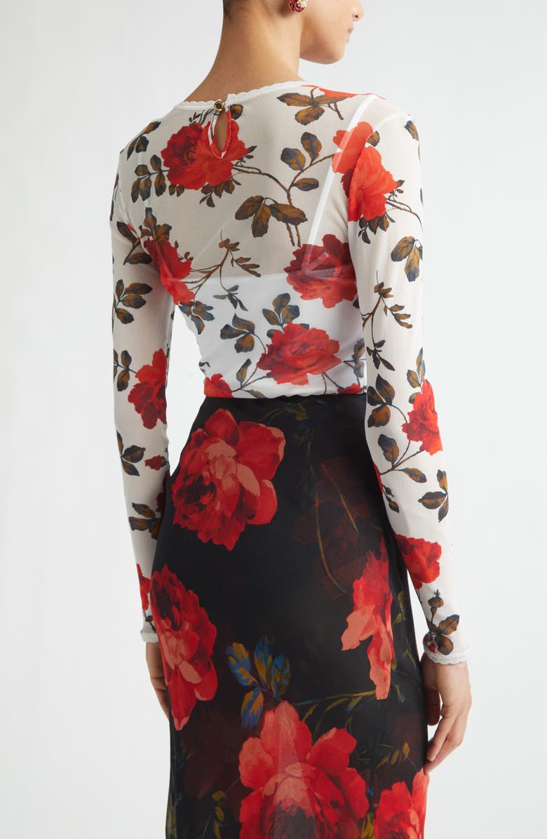 Carolina Herrera Rose Print Silk Mesh Top, Alternate, color, Ivory Multi